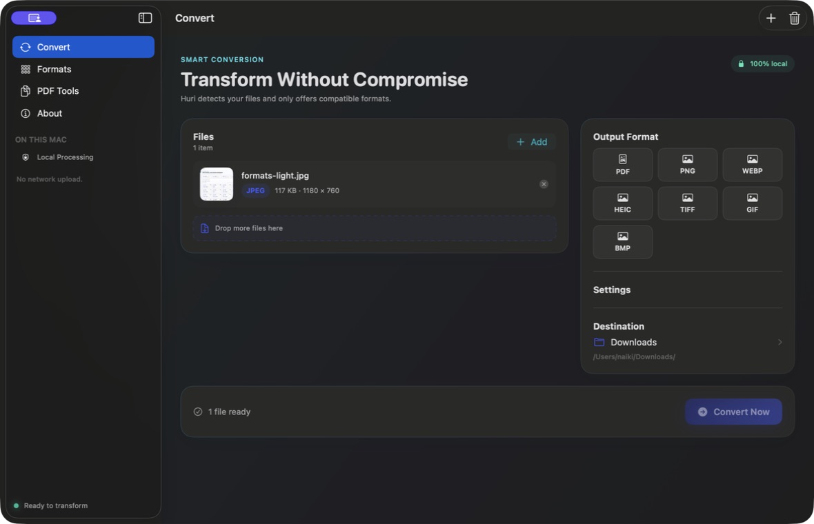 Interface sombre de Huri affichant une conversion d’image vers PNG